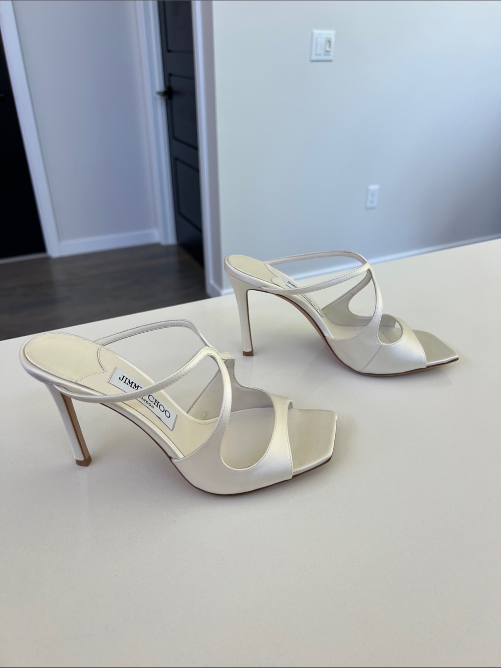 Jimmy Choo anise 95 ivory satin criss cross open toe sandals bridal heels 38.5 - Picture 9 of 11
